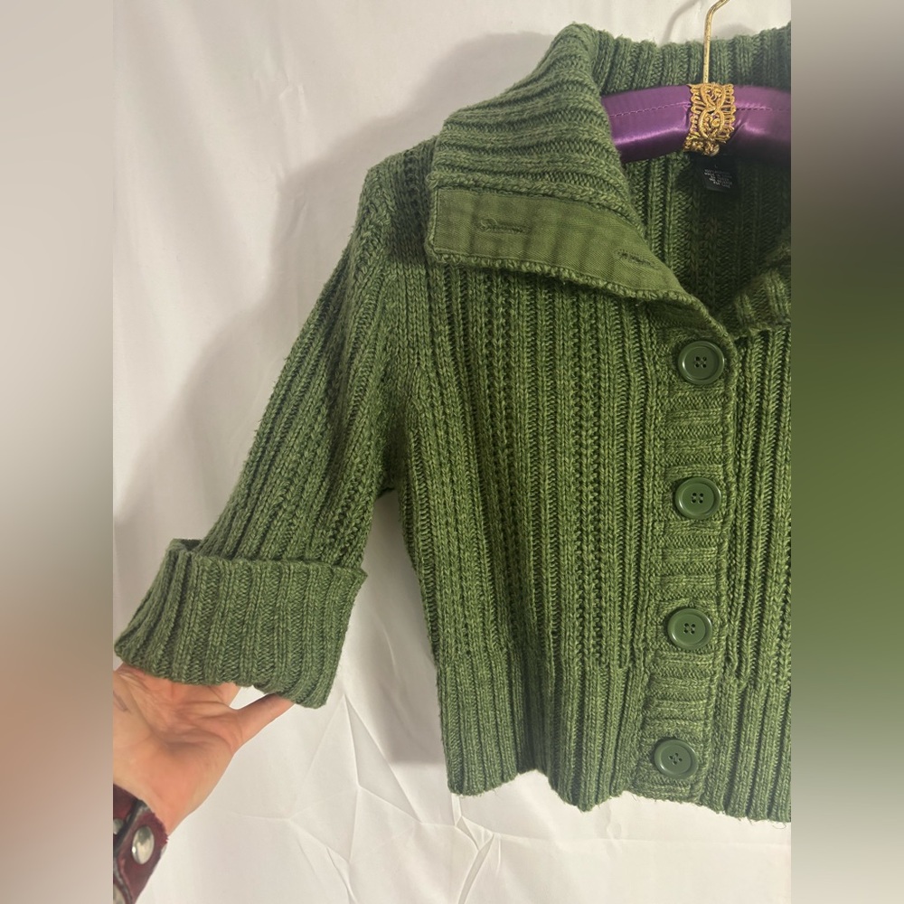 Y2K Chunky Green Cable Knit Collared Crop 3/4 Sleeve Sweater Size L - Picture 6 of 16